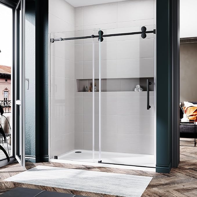 56-60 Inch x 72 Inch Sliding Frameless Shower Door, 3/8" Tempered Glass with Easy-Cleaning Coating, Stainless Steel Rollers & SGCC-Certified Stability, Matte Black