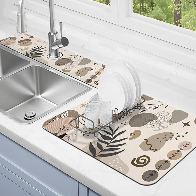 Dish Drying Mat for Kitchen Counter Matt, 2PCS 24"x18" Dish Drainer Mat & 24"x5.5" Sink Splash Guard, Super Absorbent Non-slip Rubber Backed
