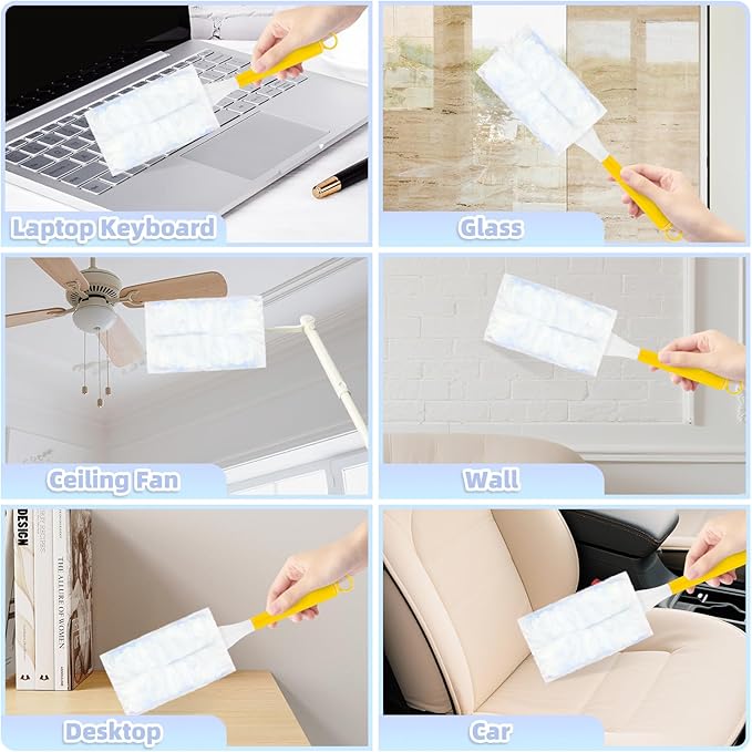 Heavy Duty Dusters Refills, Disposable Dusters Kit Compatible with Swiffer Handles, Multisurface Dusters+1 Extended Handle +1 Handle (Blue, 180°)