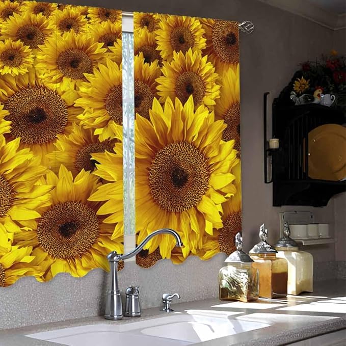 Sunflower Kitchen Curtains Vintage Rustic Grunge Flowers Field Blooms Yellow Petals Short Tier Curtains for Bathroom Cafe Small Window Drapes Treatment 2 Panels (27.5x39 Inch)
