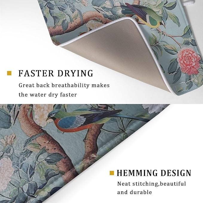 Khope Chinoiserie Dish Drying Mat for Kitchen Counter 18x24 Inch Blue Gray Vintage Bird Floral Reusable Washable Farmhouse Flower Drying Pad Countertop Home Decor