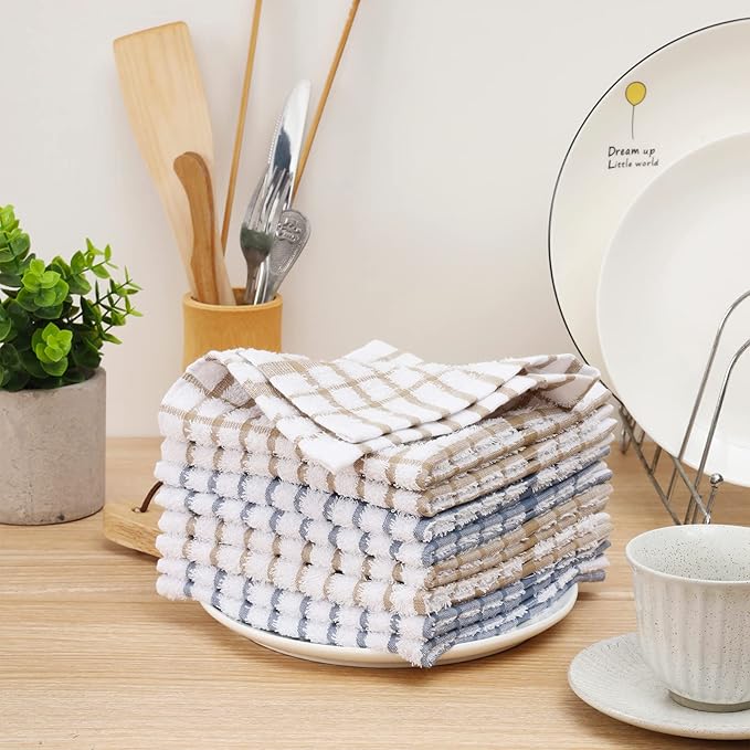 Egles 8 Packs Kitchen Dishcloths, 100% Cotton Grid Terry Dish Cloths 12" x 12" Ultra Soft Super Absorbent Dishrag Reusable Dishcloth, Multi-Purpose Quick Drying Hand Dish Towel Set with Hanging Loop
