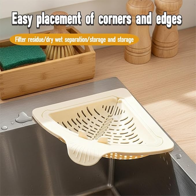 Magnetic Drainage & Filter Basket, Triangular Sink Strainer with Twist-Open Bottom, Kitchen Sink Corner Rack for Draining & Storage, Punch-Free Installation, No Tools Needed (Milky White)