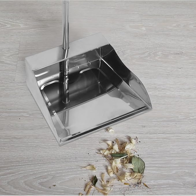 Stainless Steel Dustpan with Long Handle Large Heavy-Duty Garbage Shovel Standing Sweeper for Indoor Outdoor Commercial and Home Cleaning Tasks