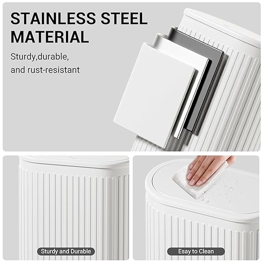 1.8 Gallon Bathroom Trash Can with Lid Press-Top, Small White Stainless Steel Garbage Can with Removable Inner Bucket, Slim Fit Narrow Spaces for Bedroom Office