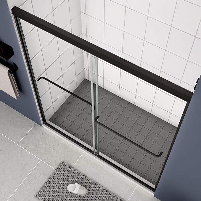 Bypass Glass Shower Door 56-60" W x 70" H with 1/4" Clear SGCC Tempered Glass, Semi-Frameless Double Sliding Shower Door, Easy to Clean, Easy to Install, Matte Black