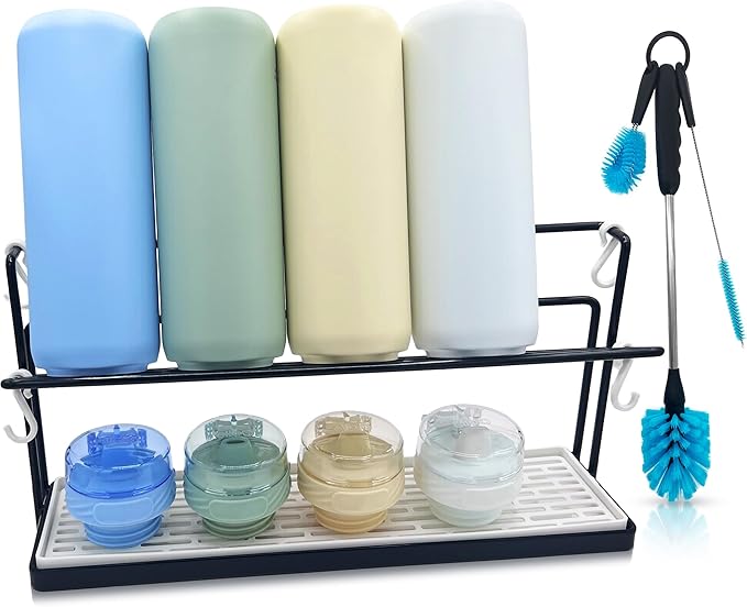 Bottle Drying Rack for Kitchen Countertop - Two-Tier for Water Bottles and Tumblers, Space-Saving Storage Stand with Drainage Tray, Includes Water Bottle Drying Rack Brush Cleaning Set (Black)