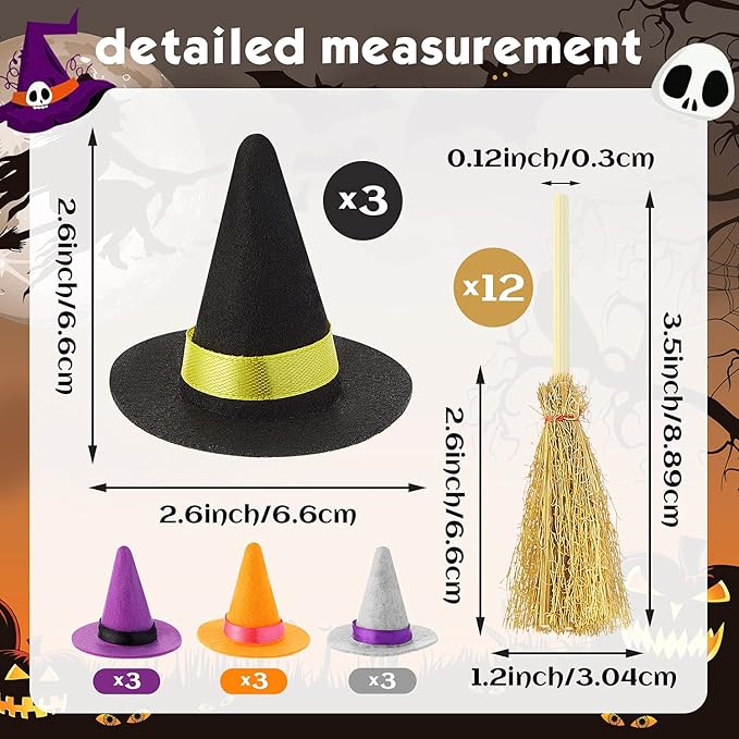 24 Pieces Wine Bottle Toppers - Mini Witch Hats, Brooms and Felt Caps for Halloween Party Favors and Crafts