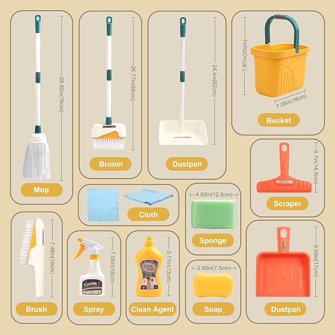 Jenilily Detachable Kids Cleaning Toy Set - Broom, Mop, Dustpan, Brush, Rag Play, Housekeeping Kit, STEM Really Clean Toys Gift for Girls & Boys
