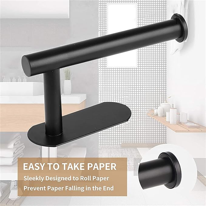 Toilet Paper Holder - Self Adhesive Toilet Paper Holder Wall Mount for Bathroom, SUS 304 Stainless Steel Command Strip Toilet Paper Roll Holder Stick On Wall, No Drilling - Matte Black（2 Pcs）