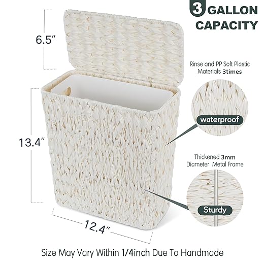 Wicker Trash Can with Lid and Liner,Boho Decotative Small Bathroom Trash Cans,Waterproof Slim Waste Basket for Bedroom,Home Office,3 Gallon Cream White