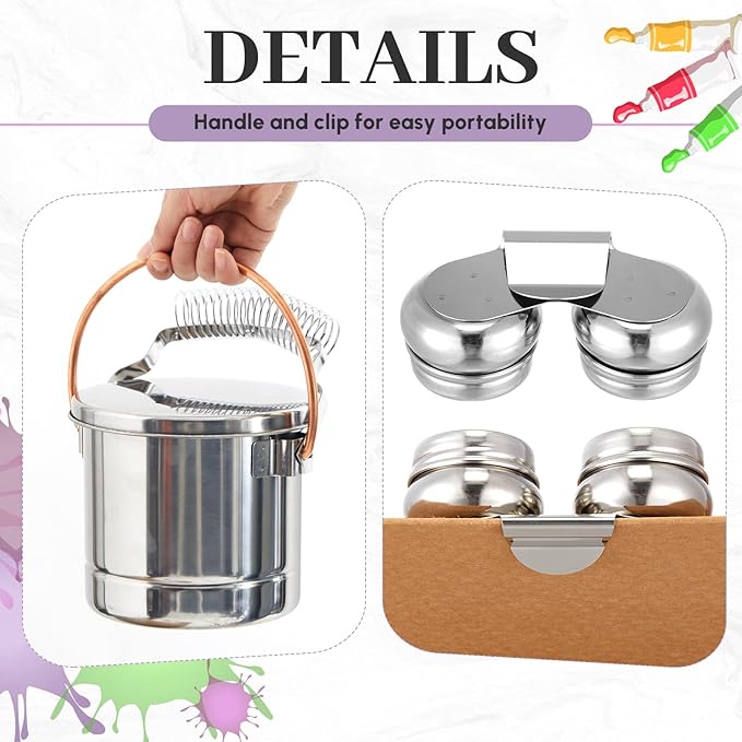 Skybooly 2 Pcs Paint Brush Cleaner Set Stainless Steel Double Dipper Palette Cup Paint Brush Portable Washer Holder for Oil Cleaner Kits(Straight Shape,Jumbo)