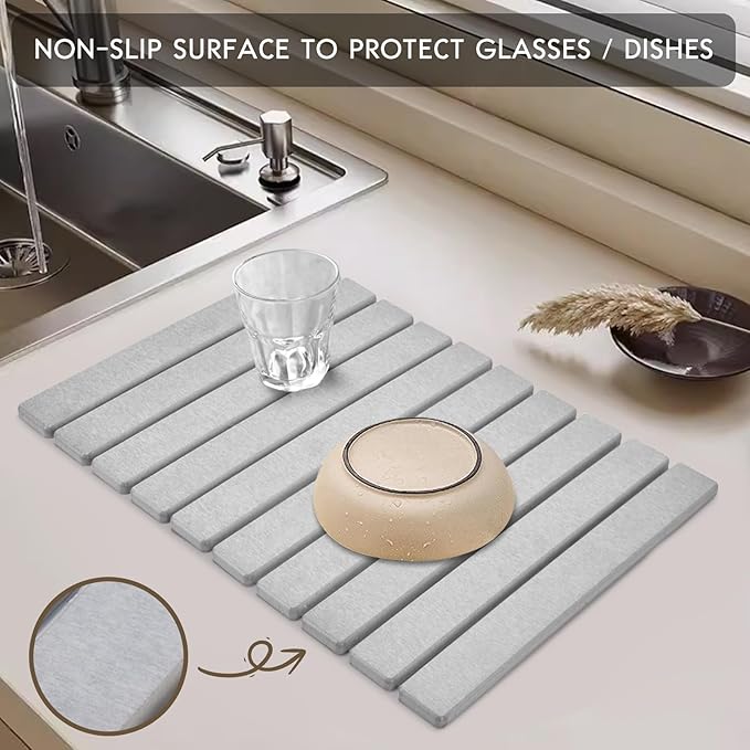 Large Stone Dish Drying Mats for Kitchen Counter, 24"(L)×16"(W) Collapsible Quick Dry Dish Drying Mat, Eco-Friendly Absorbent Diatomaceous Earth Mat for Dishes Bottles Cups, Match Any Countertop