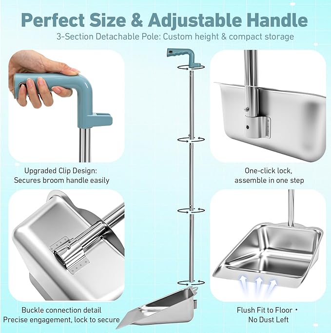 Leumoi 4 Pack of Dust Pans with Long Handle Set, 35" Stainless Steel Long Handled Stand up Dust Pans with Handle for Home, Office, Restaurant, Indoor and Outdoor Floor Cleaning