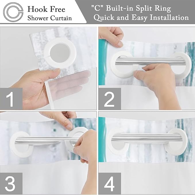 No Hook Shower Curtain with Snap in Liner, Hotel Style Blue White Mix Gold Brush Strokes Art Modern Shower Curtain Waterpoof Washable with See Through Top Window,71"x86"