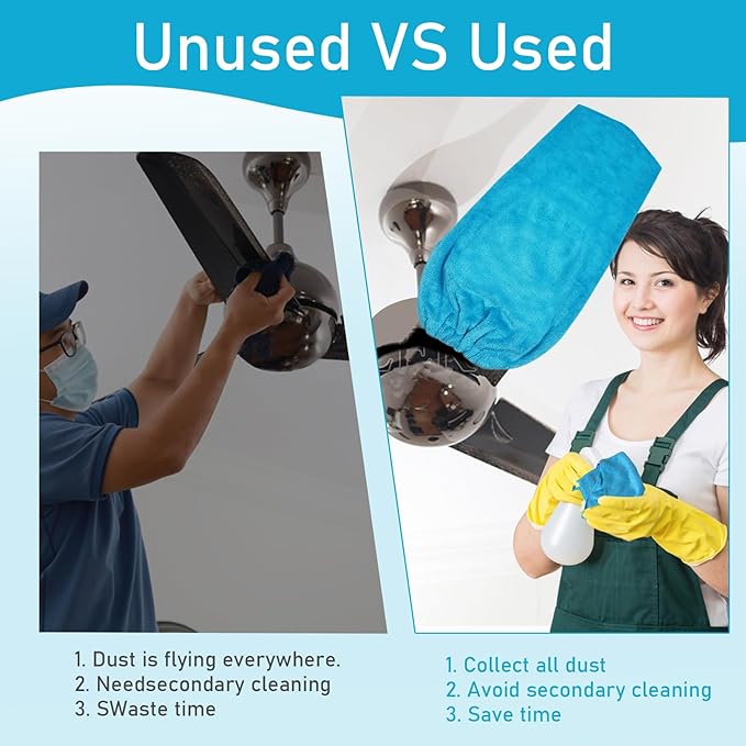 4 PCS Ceiling Fan Duster Kits,100% Microfibre Fan Blade Cleaner for high Ceiling Fan Blades.Machine Washable and Reusable,Includes 2 Ceiling Fan dusters and 2 Microfibre Towels (Blue)