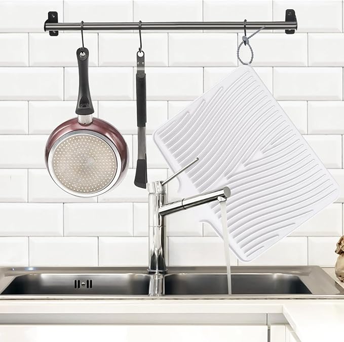 Silicone Dish Drying Mat, Stone Drying Mat for Kitchen Counter with Built-In Drain, Non-Slip Drain Pad with Built-in Drain, Heat Resistant Stone Drying Mat, White-2pcs, 20" x 15"