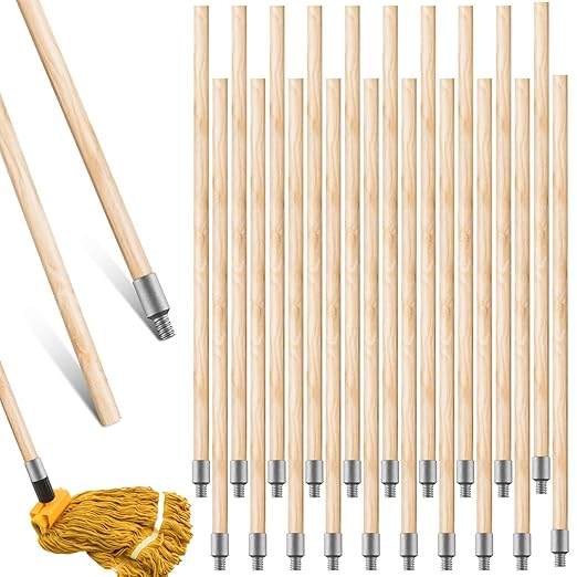 Barydat 55 Inch Lacquered Wood Broom Handle with Metal Threaded Tip Heavy Duty Natural Lacquered Wood Handle for Floor Home Office Commercial, 1" Diameter(20 Pack)