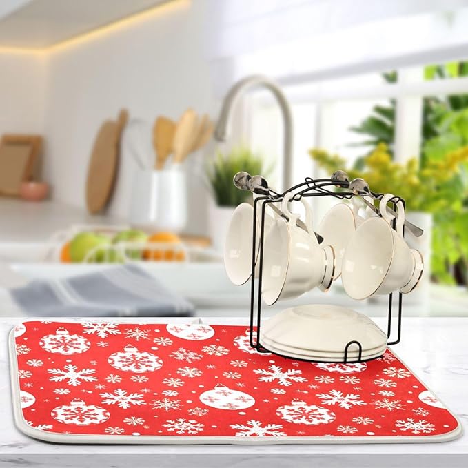 Christmas Snowflake Ball Baubles Dish Drying Mat for Kitchen Counter Absorbent Microfiber Drying Pad, Medium 16x18 in