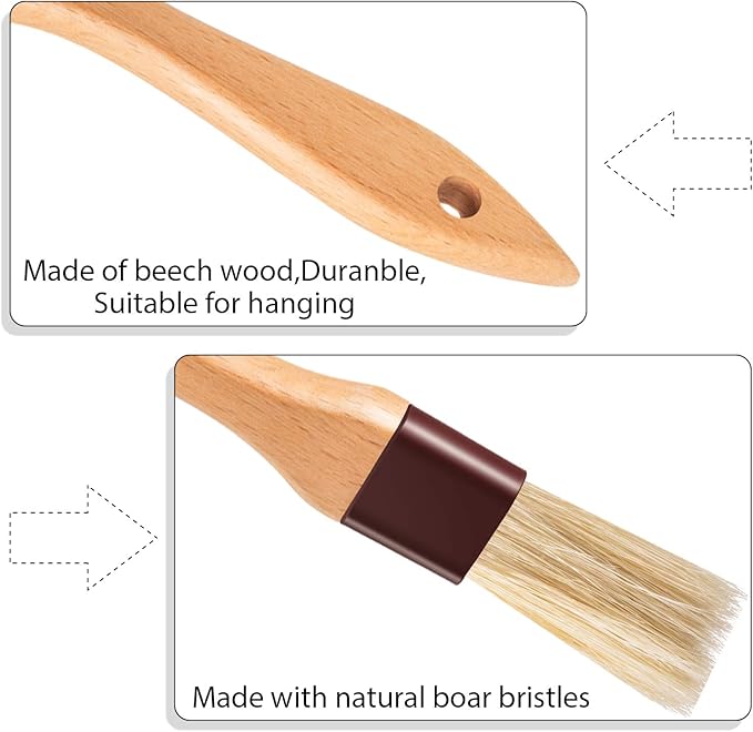 Boao Natural Bristle Pastry Brush Beech Wooden Handle Basting and BBQ Brushes for Cooking, Butter, Oil, Egg, Marinade, Grilling, Baking, Kitchen Food(1, 2, 3 Inch)