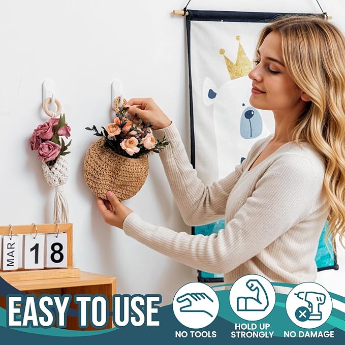 TAILI Hooks for Hanging,6 Plastic Sticky Hooks and 8 Adhesive Strips, White Utility Hooks for Painted Wall, No Damage Heavy Duty Holds up to 3 lb, Removable & Reusable for Door, Dorm, Clothes, Closet