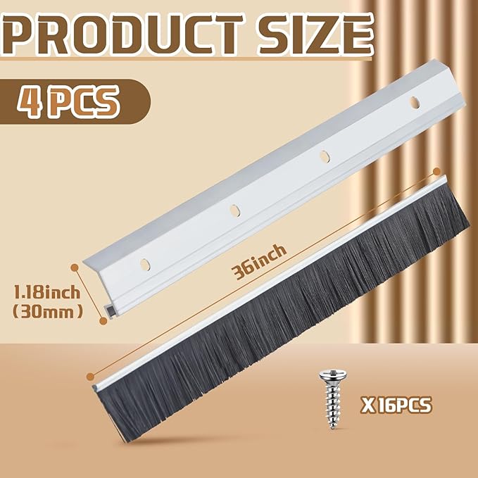 Hushee 4 Pcs 2x36 Inches Brush Door Sweep for Exterior, Aluminum Commercial Door Sweep Bottom All-Season Alloy Brush for Exterior and Interior Sealing Gaps Keeps Out Cold Air, Dust (Silver and Black)