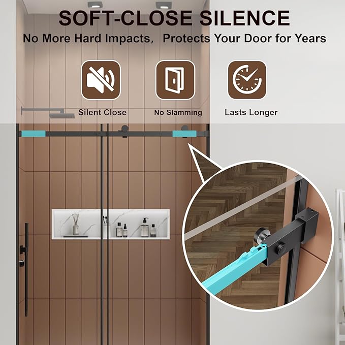 Luxury Soft-Closed Frameless Sliding Shower Door, 58–60” W x 76” H, 3/8" (10mm) Tempered Glass, Nano Coating, 304 Stainless Steel, Premium Quiet Close System - Matte Black