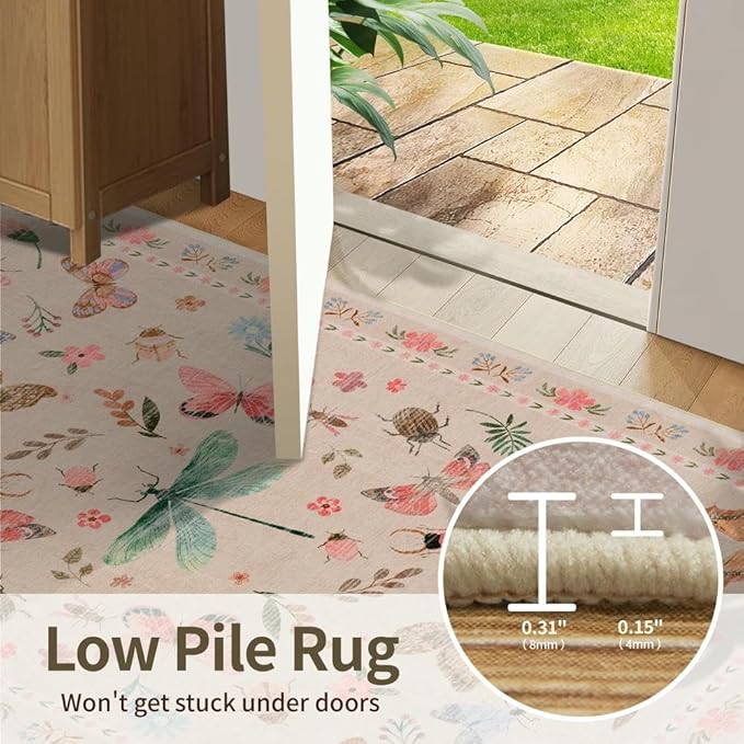 5x7 Pink Washable Area Rugs for Bedroom,Girls Room,Nursery Room,Living Room -Insect Floral Boho Vintage Rug,Soft & Non-Slip,Low Pile Wool Carpet for Indoor Dining Room,and Kids Room(Pink)
