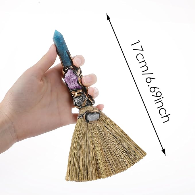 Crystal Witch Altar Broom - Witchcraft Supplies with Blue Apatite Wiccan Stuff Fairy Magic Broomstick with Natural Healing Crystals Hexagonal Points Pagan Fengshui Reiki Energy Clearing Gift