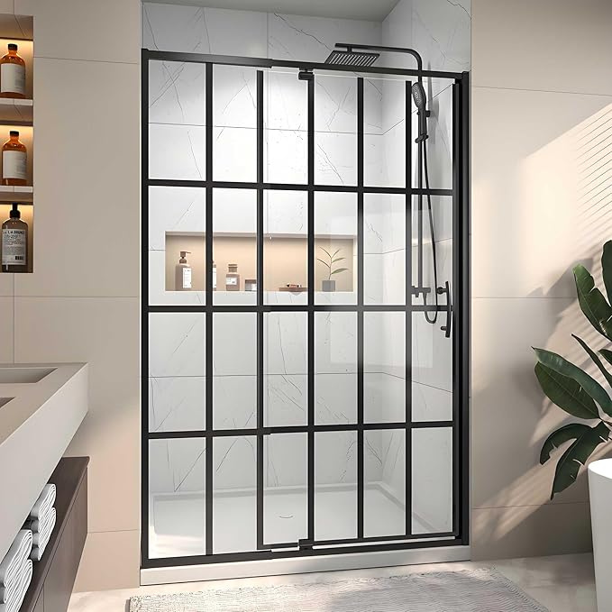 44-48" W x 71" H Pivot Glass Shower Door,Grid Pattern,1/4"(6mm) Thick SGCC Tempered Shower Glass Door,Matte Black Shower Door,Reversible Installation