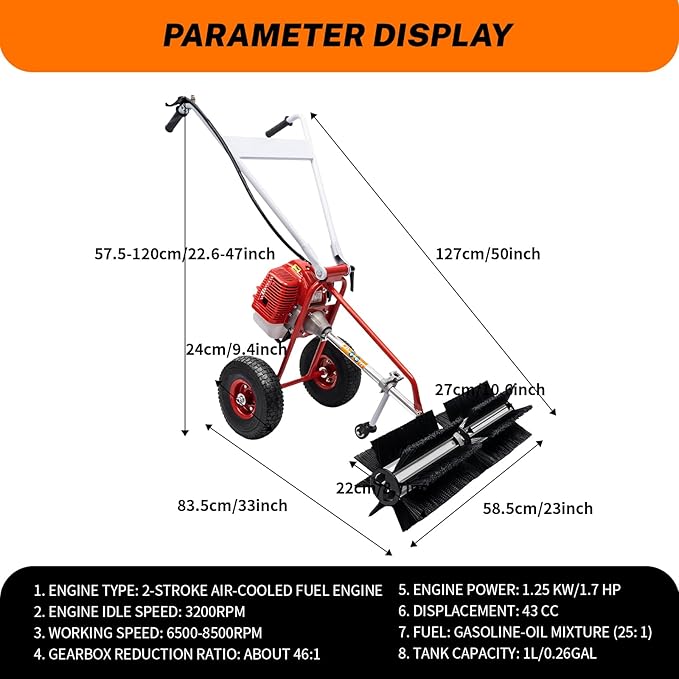 43cc 2-Stroke 1.7hp Portable Gas Power Held Sweeper Broom, 1250w Cleaning Driveway Turf Grass Walk Behind Hand Lawn Sweeper Carpet Sweeper Yard Sweeper Park Garden Cleanning Machine