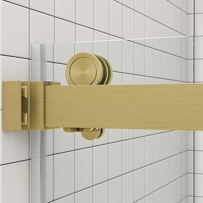 Sunrosa Frameless Double Sliding Shower Door 44-48" W x 76" H, 5/16" (8mm) Thick Easy-Clean Tempered Glass, Soft-Close Adjustable Shower Door with Towel Bar, Brushed Gold Finish
