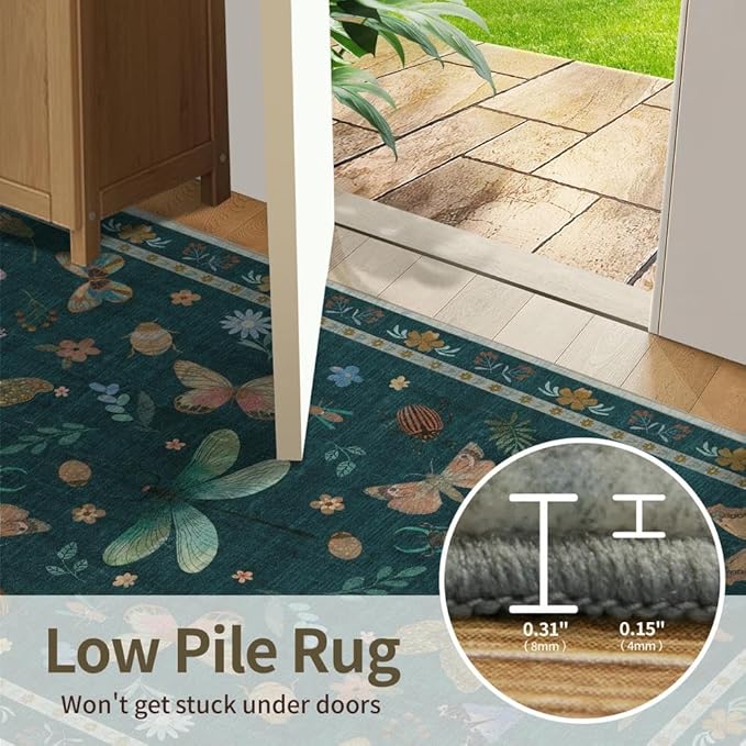 5x7 Washable Area Rugs for Bedroom & Living Room - Insect Rug,Floral Colorful Boho Vintage Rug,Soft & Non-Slip,Low Pile Wool Carpet for Indoor Dining Room,Girls Room,Nursery Room and Kids Room(Teal)