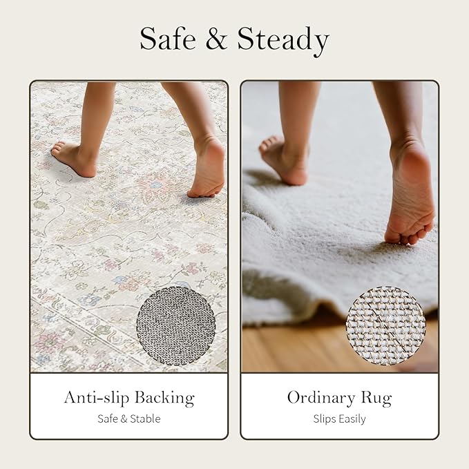4x6 Area Rugs for Living Room, Bedroom, Small Washable Beige Rugs, Entryway Non Slip Rug, Neutral Floral Vintage Boho Soft Indoor Carpet for Nursery, Bathroom, Office