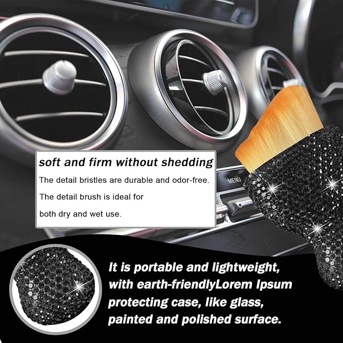 Car Detailing Cleaning Brush, Auto Interior Dust Brush with Diamond, Handle Soft Bristles Dusting Tool, Scratch Free Dirt Clean Brushes for Vehicle Dashboard, Air Conditioner Vent (Black)