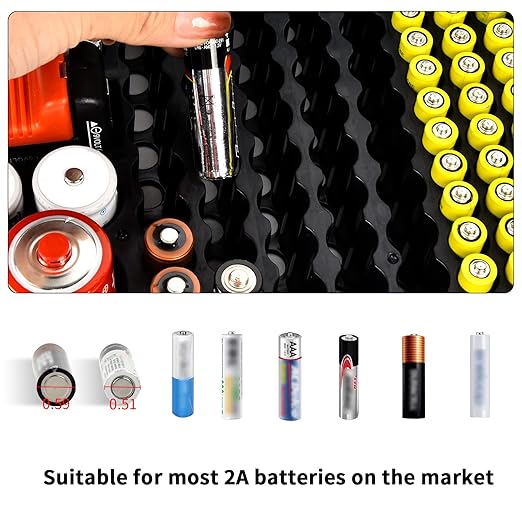 Battery Organizer Storage Case with Tester Checker. Batteries Holder Box Container for 120+ AA AAA 9V C D Lithium CR2025 CR1632 CR2032 Coin Cell Battery with Wall-Mounted Design -Black