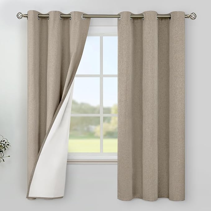 YoungsTex Taupe Burlap Linen Blackout Curtains for Bedroom, Thermal Insulated Black Out Drapes with Grommet Thick Darkening Privacy for Living Room Window, 2 Panels, 42 X 63 Inch