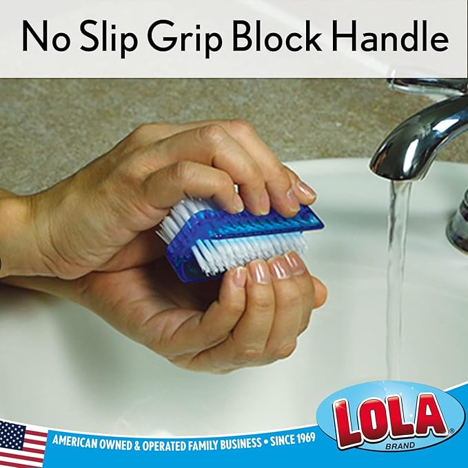 LOLA Classic Hand & Nail Brush, 2 Sided - 3 Pack, Soft & Stiff, Comfortable No-Slip Grip, Cleans Hands & Fingernails, Assorted Colors
