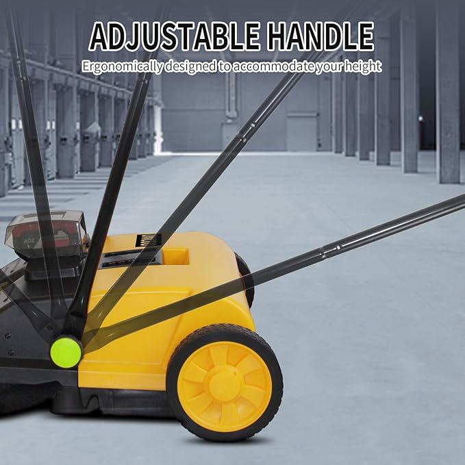 UNICOO® Electric Hand Push Floor Sweeper – Battery Powered Walk-Behind Sweeper with Dual Brush Rollers, 23" Sweeping Width & 6.6 Gallon Waste Bin – Indoor/Outdoor Push Sweeper (Yellow)
