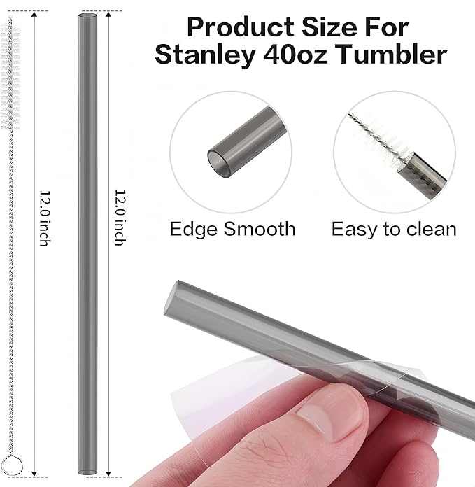 Joshey 12 Inch Tritan Replacement Straws for Stanley 40oz Tumbler - 6 Pack Reusable Long Straws with Cleaning Brush, Fits 30oz & 40oz Stanley Cup Accessories, BPA-Free (Gray+Clear)