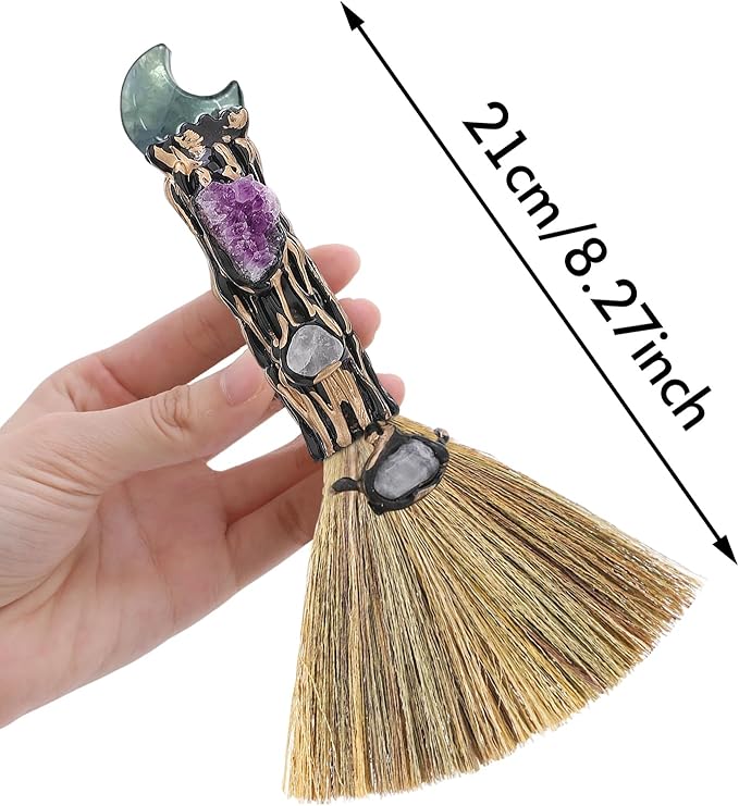 Witchcraft Supplies Witches Broom - Wiccan Decor with Moon Design Fluorite Altar Supplies with Amethyst Clusters Natural Healing Crystals Pagan Decor Reiki Energy Clearing Crafts