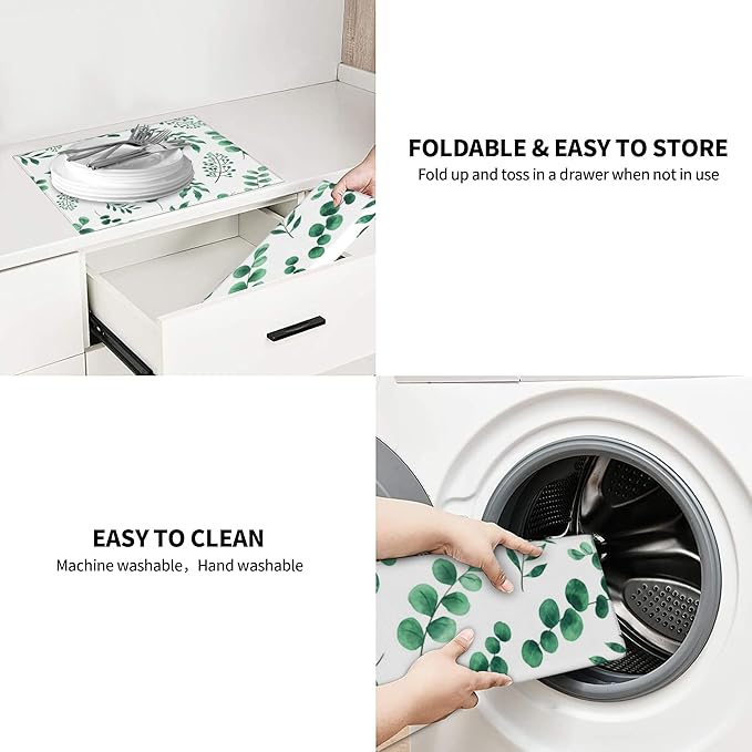 Watercolor Plant Green Leaves Dish Drying Mat for Kitchen Counter, 16"x18" Microfiber Absorbent Fast Dry Mat, 2Pcs Dish Mat Faucet Mats Sets, Large Drying Kitchen Mat Kitchen Drying Pad