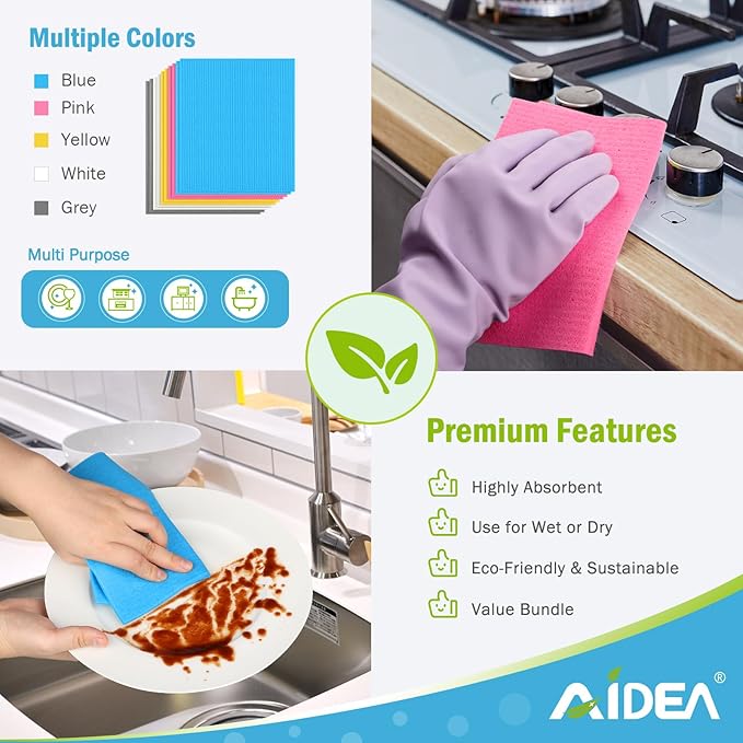 AIDEA Swedish Dishcloths for Kitchen-10PK, Absorbent Sponge Dish Cloth, Dishcloths for Washing Dishes, Reusable Paper Towels Dish Cloths, Swedish Towels for Home, Kitchen, Glass, 7" x 6"