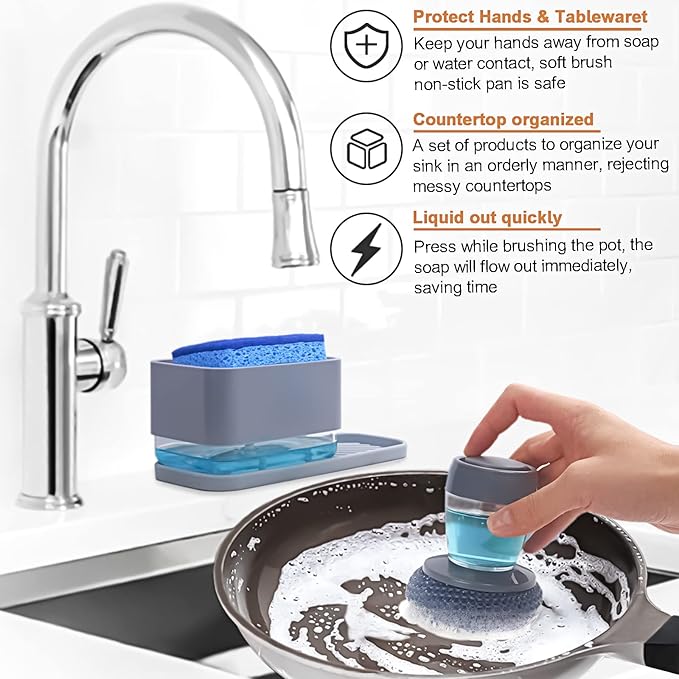 Dish Soap Dispenser with Sponge Holder -Dishwashing Soap Pump Dispenser for Kitchen Sink, 4-in-1 Countertop Soap Pump Dispenser wiht Brush Head, Silicone Sink Tray, Cleaning Sponges