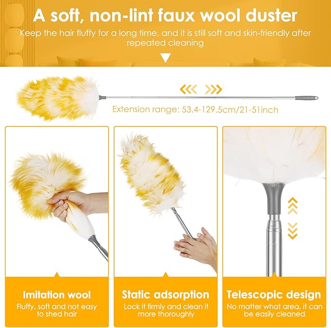 Lambswool Duster, 21"- 51" Extendable Feather Duster with 2 Brush, Long Feather Dusters for Cleaning Fans, Ceiling, Bookshelevs, for Home & Office
