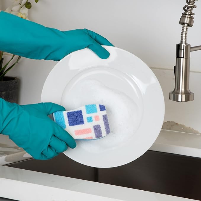 Smart Design Non-Scratch Cellulose Smart Scrub Sponge - Set of 9 - Ultra Absorbent - Ergonomic Shape - Cleaning, Dishes, & Hard Stains - Cool Geometric Pattern - Blue, Pink, Purple