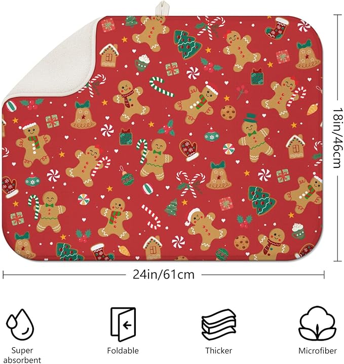 Christmas Kitchen Countertop Dish Drying Mat, Red Christmas Gingerbread Man Snowflake Pattern Microfiber Kitchen Drying Mat, Washable Absorbent Countertop Xmas Winter Holiday Dish Mat Drainer,18x24 In