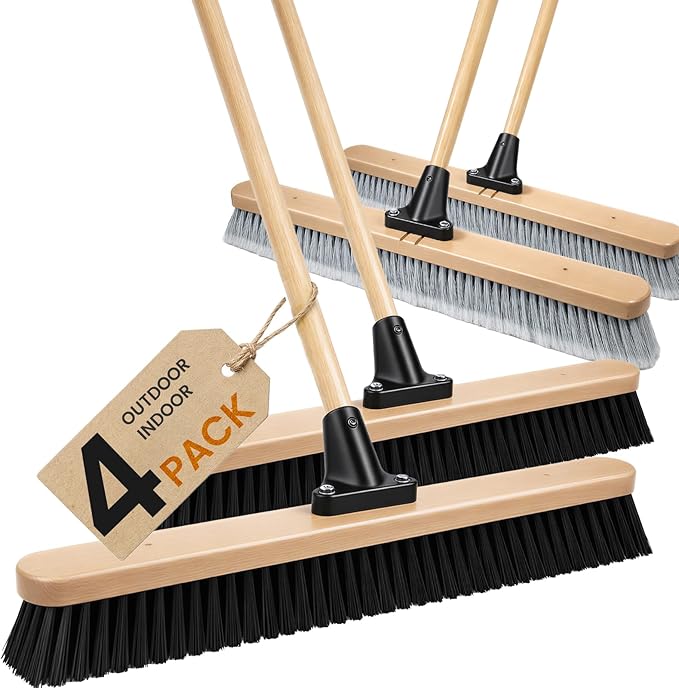 24-Inch Push Broom Set for Indoor & Outdoor Cleaning, Heavy Duty Sweeping Brooms with 61-Inch Solid Wood Handle, Soft & Stiff Bristle Combo for Garage, Shop, Patio & Home (4-Pack)