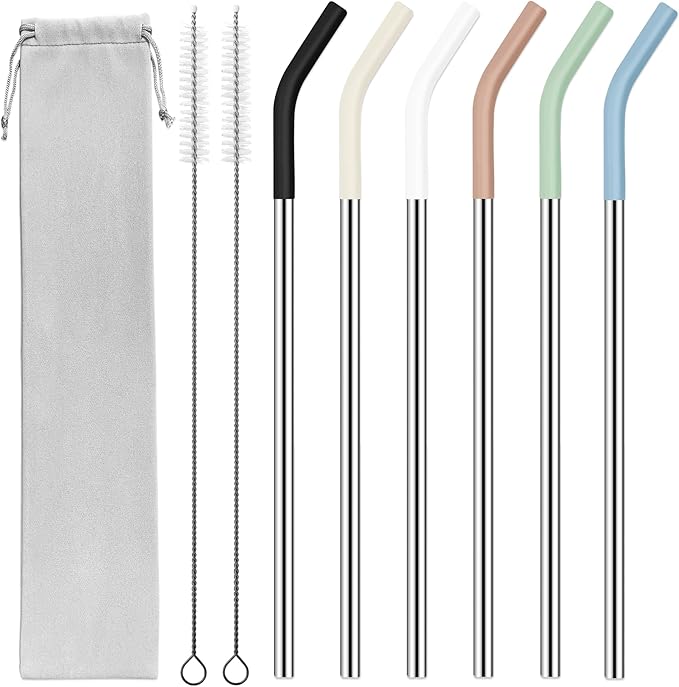 40 oz Stainless Metal Straws for 40 oz Stanley Tumbler, 6Pcs Reusable Straight Long Steel Straws with 12 Silicone Tips and 2 Straw Cleaning Brushes (6Color1, 40oz)