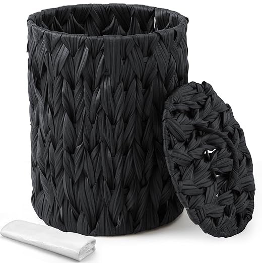 Ctosree 1.3 Gallons Small Trash Can with Lid Handle Boho Woven Braided Bathroom Waste Basket Trash Can with 100 Garbage Bags for Bedroom Office Laundry(Black,Braided Polypropylene,Round)